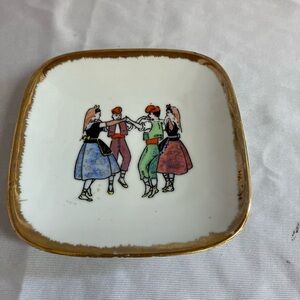 Vintage Square Plate with Dancing Figures and Gold Trim